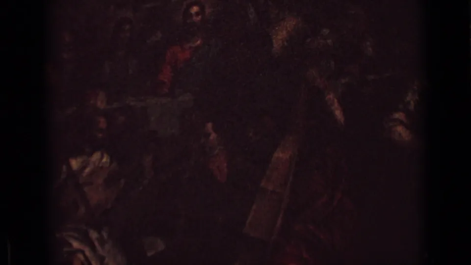 Low-exposure 8mm frame of a historical painting, showing robed figures and a courtly scene partially obscured by darkness.