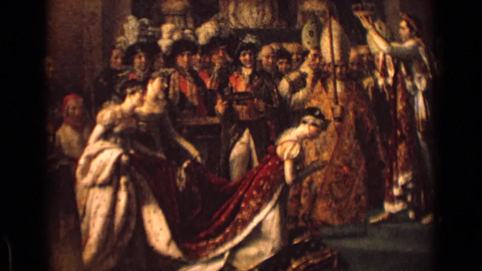 1962 Germany 8mm frame of a historical painting showing a robed man crowning a kneeling woman before a crowded court.