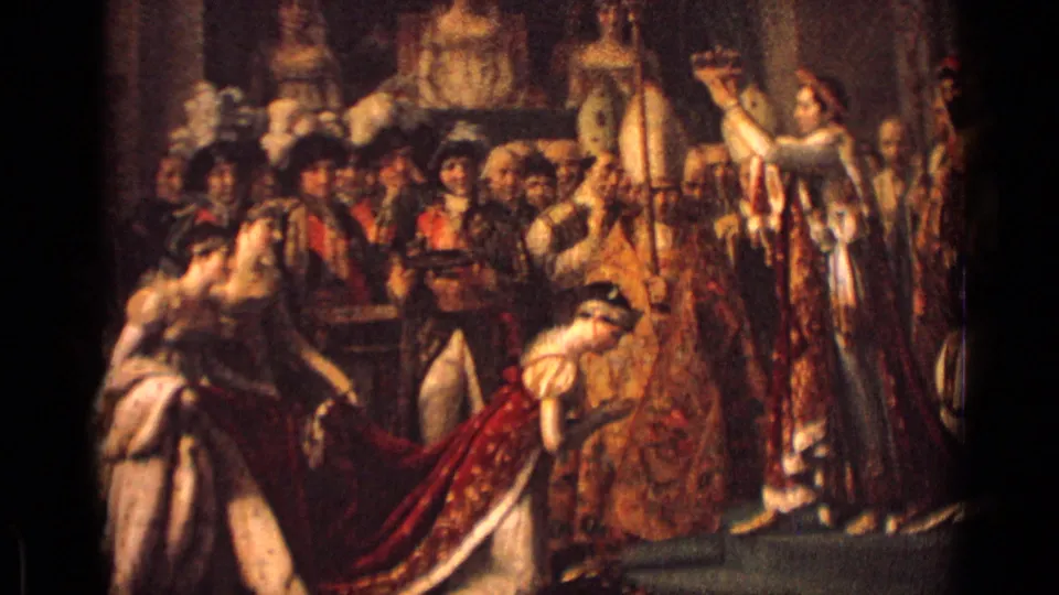 1962 Germany 8mm frame holding on the historical coronation painting, with a kneeling woman and crowded attendants in warm muted color.