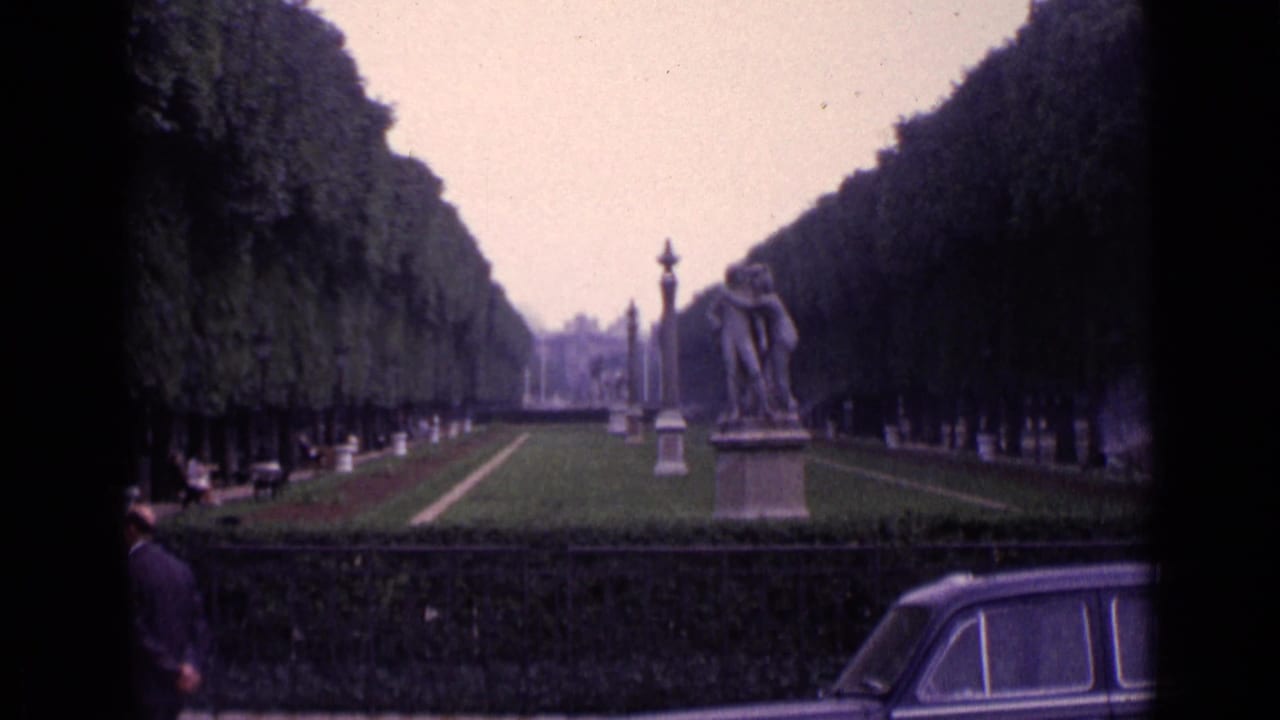 Formal park avenue with clipped trees, lawn, statue, fence, and partial car.