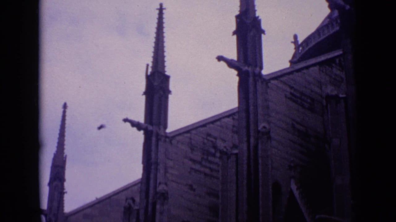 Church spires and roofline with a small bird in the sky.