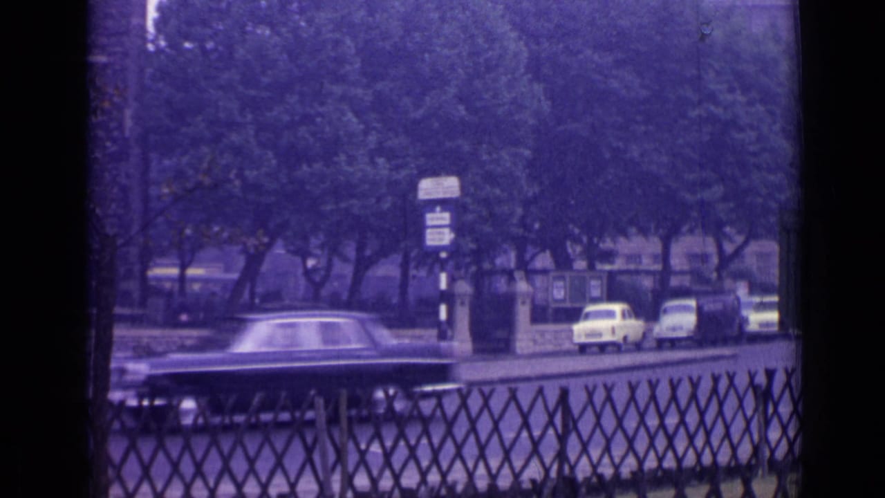 Dark car passes trees behind a diamond-pattern metal fence on a London street.
