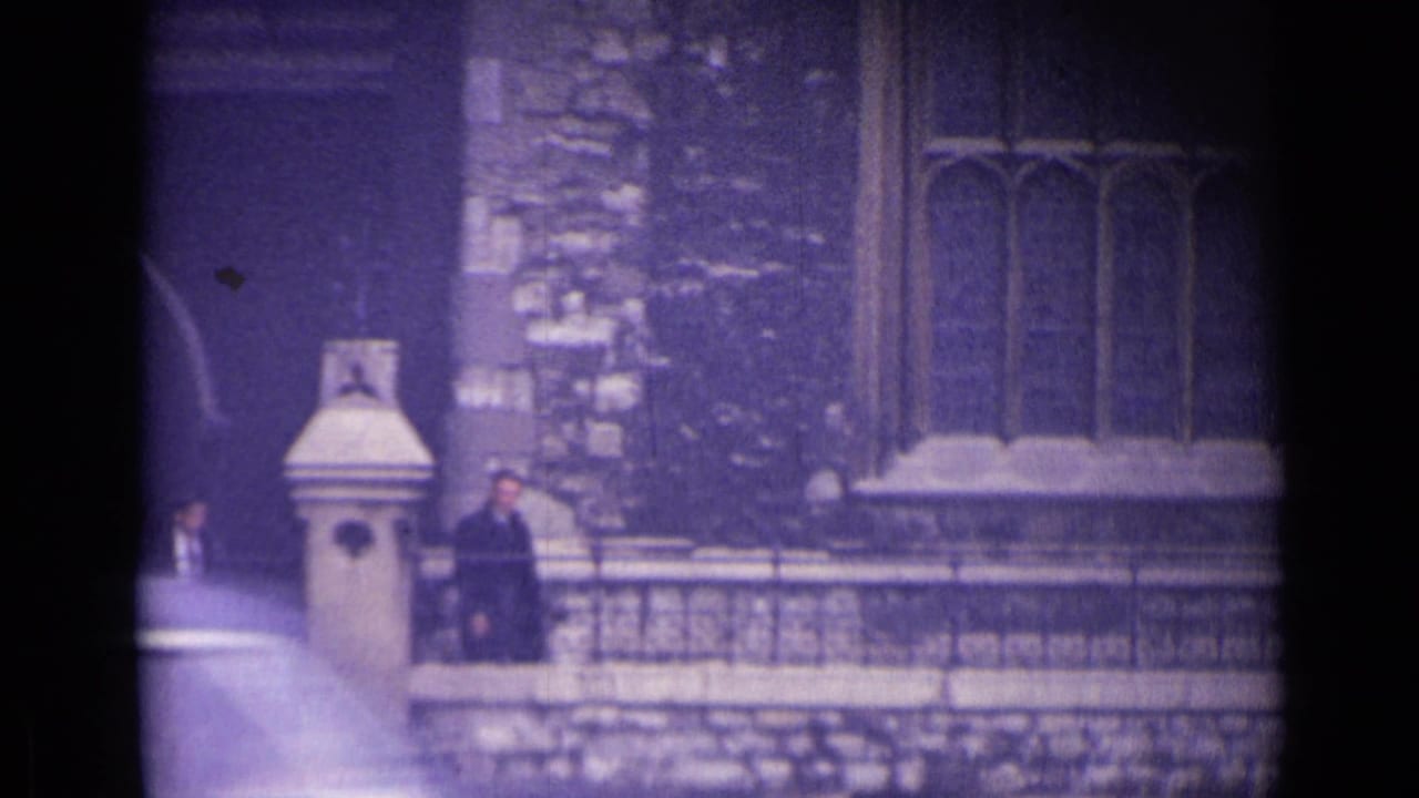 A man stands near a stone balustrade in front of a Gothic-style window.