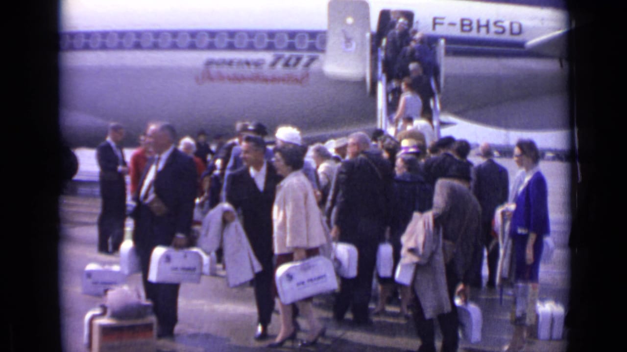 The final frame shows passengers in formal clothing and white luggage beneath the open stairs of a Boeing 707 Intercontinental on a London airport tarmac.