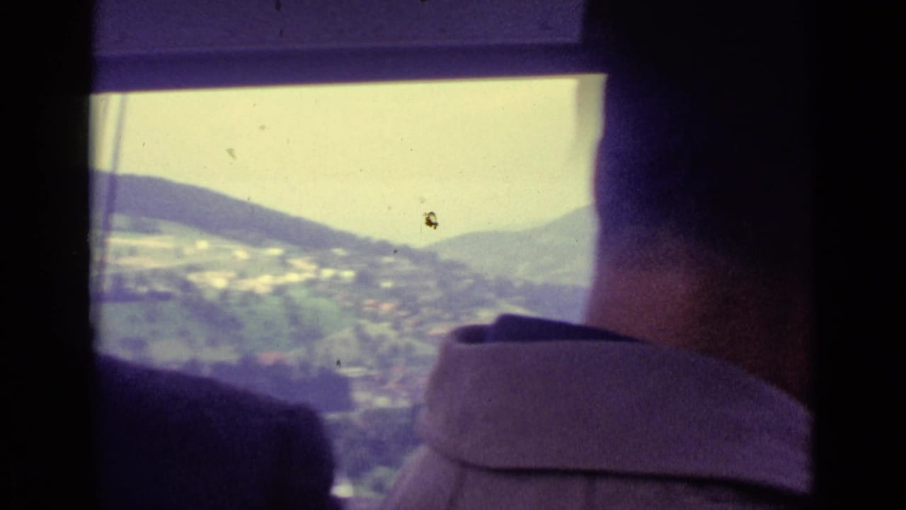 Inside a Lucerne-area cable car in 1962, two adult men face the windows as hills and a village appear outside.