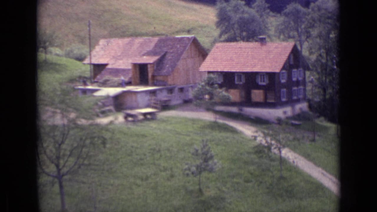Rural houses on a grassy slope with trees, a pale path and dark film borders.