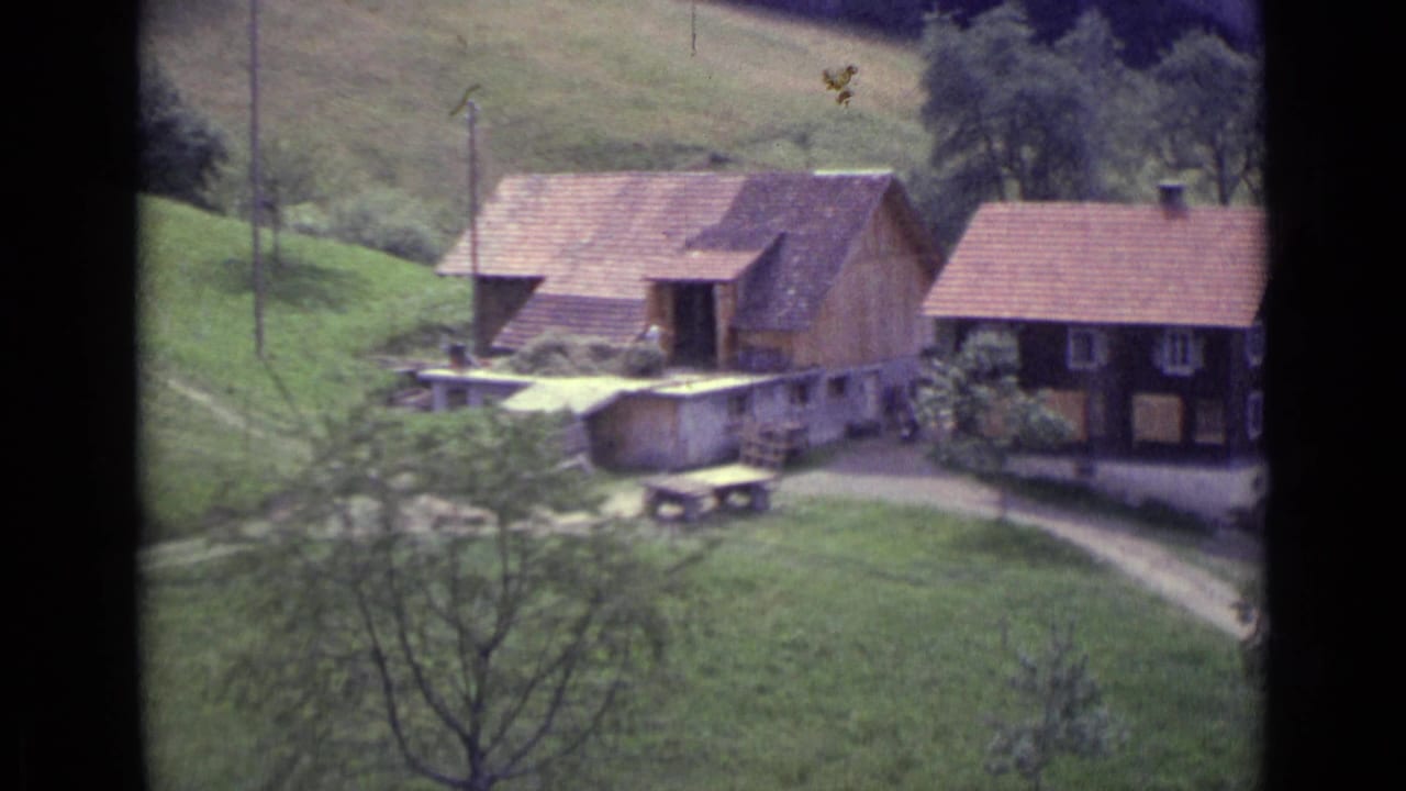 Final 1962 Lucerne frame showing hillside houses partly shifted right, with green pasture, trees, utility poles and small-gauge film wear.