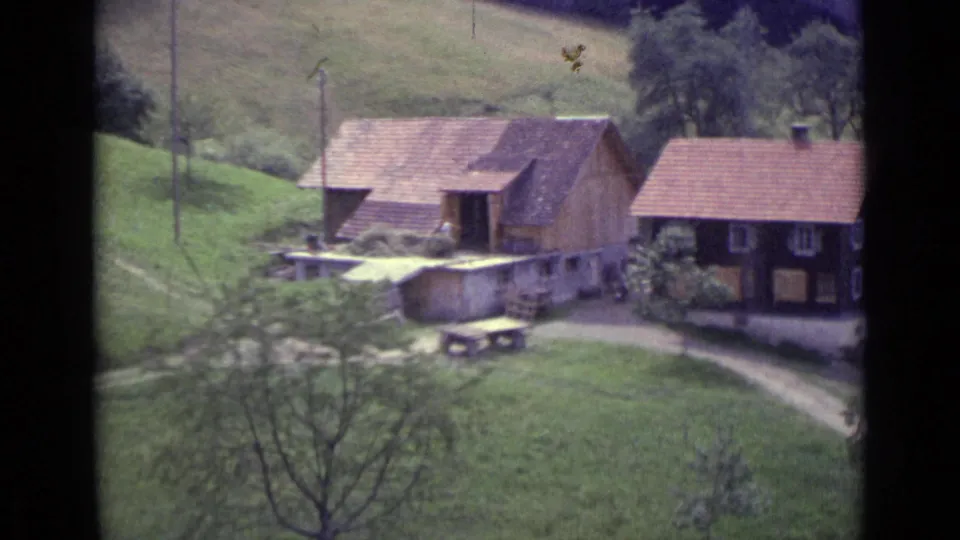 Final 1962 Lucerne frame showing hillside houses partly shifted right, with green pasture, trees, utility poles and small-gauge film wear.