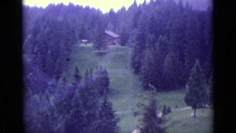 Wide 1962 home-movie view near Lucerne showing an alpine slope, evergreen forest, cabin, and pale path at the lower right.