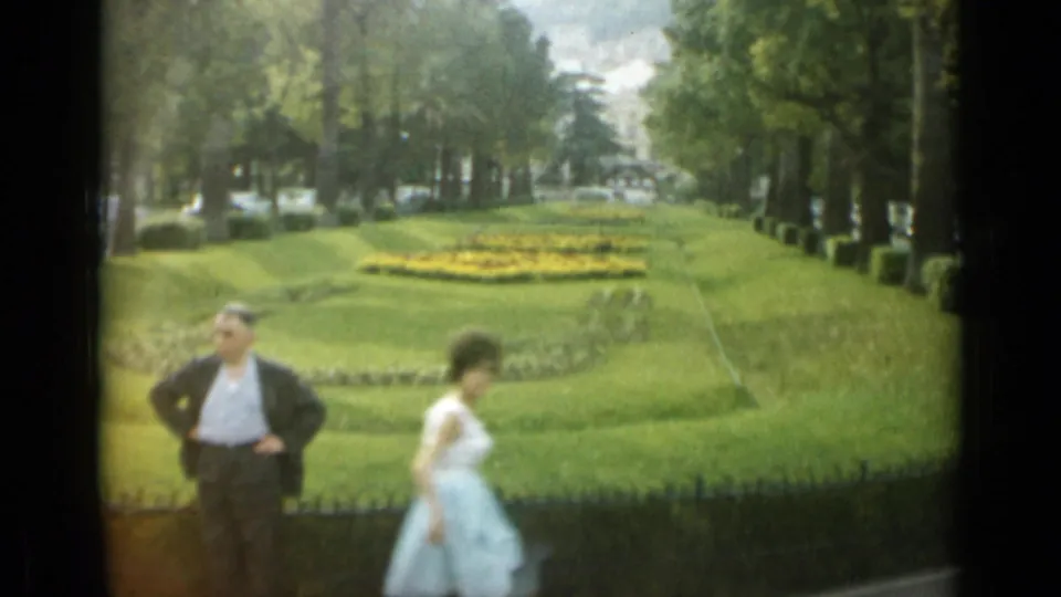 Monaco park view with a suited man and a woman in a light dress walking past manicured lawns and flowerbeds.