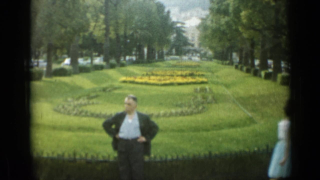 Man in dark jacket standing before green lawns and yellow flowerbeds.