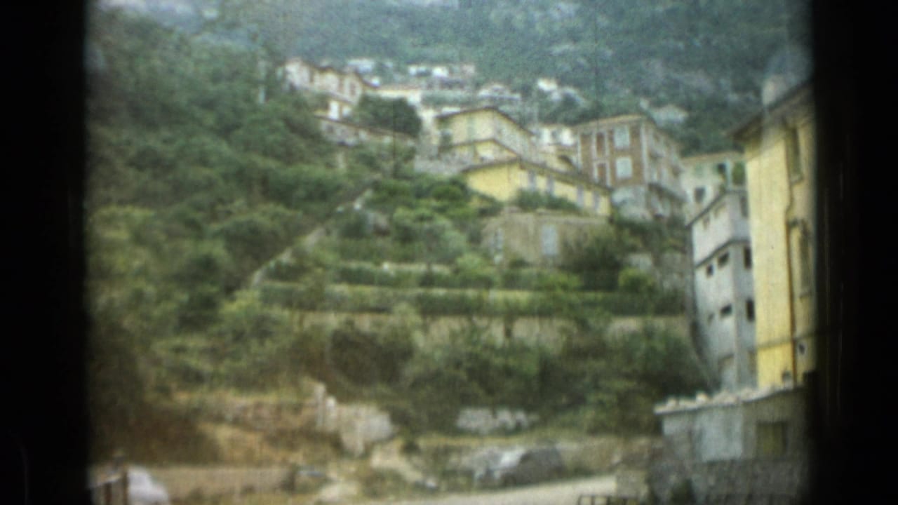 Soft 8mm view of hillside houses above terraced greenery.