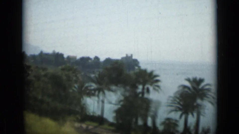 1962 Monaco home-movie frame with palm trees, dense greenery, and a soft Mediterranean coastline in the distance.