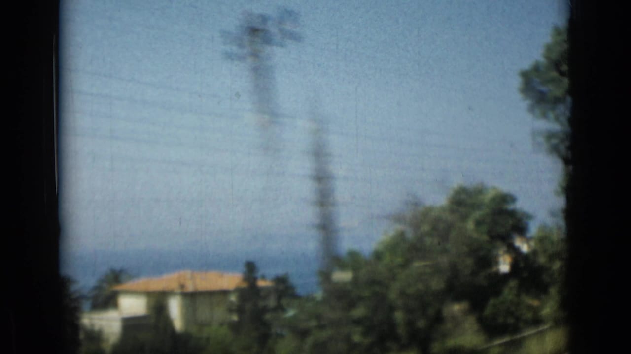 Terracotta-roofed building among trees with sea and utility pole in the background.