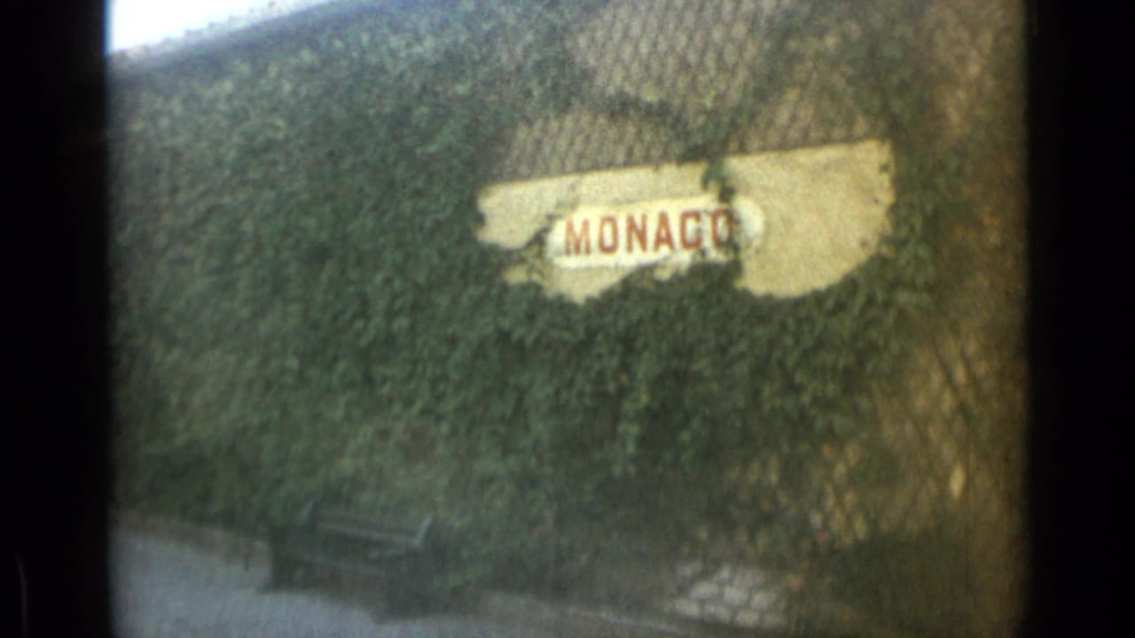 MONACO sign partly hidden by ivy behind chain-link fencing.