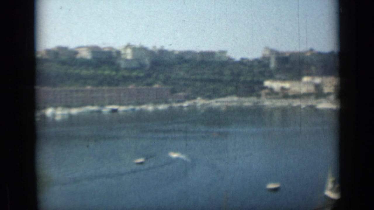 Blue harbor water with small boats and a tree-lined hillside in the background.