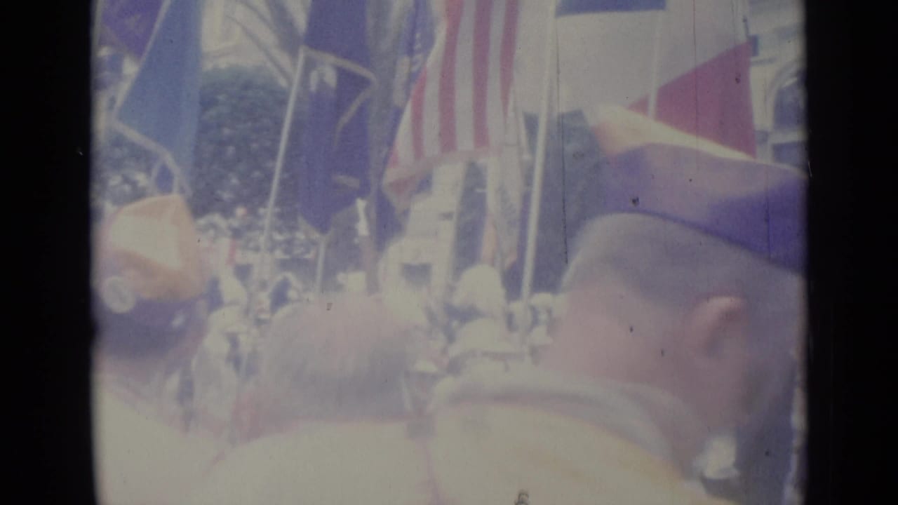 Parade crowd with flags, uniformed participants, and spectators close to the camera.