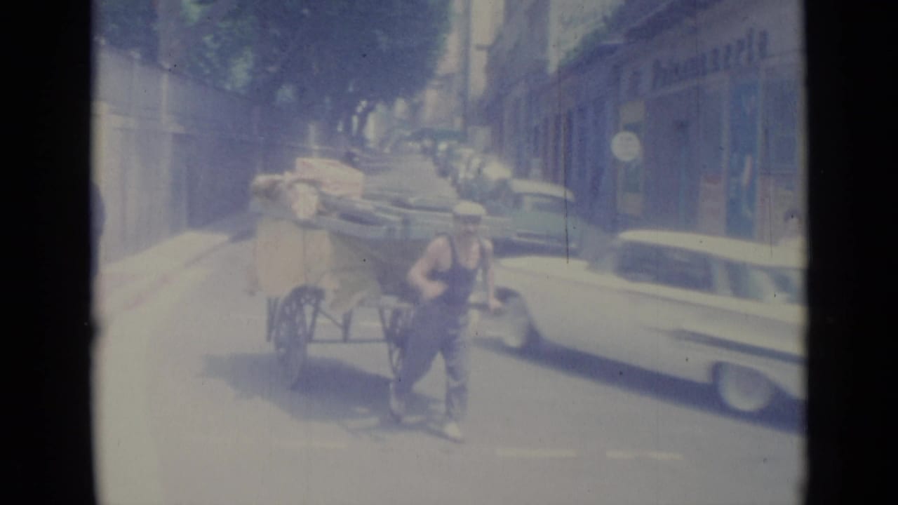 Man pushing a loaded cart along a sunny street with cars and shopfronts behind him.