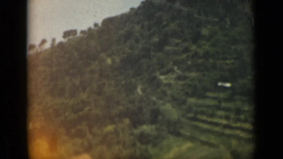 1962 Nice, France 8mm view across a green terraced hillside with scattered trees and small pale buildings on the upper slope.