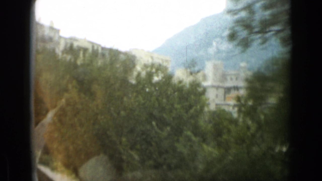 Trees and hillside buildings seen from a moving vantage point.
