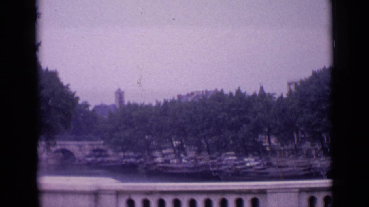 Tree-lined Paris waterway with arched stone bridge, moored boats, and balustrade in foreground.