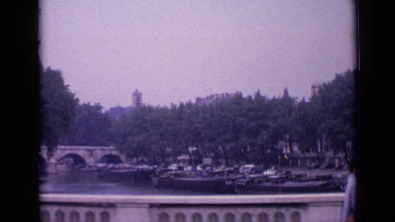 Paris waterfront scene on 8mm film, with bridge arches, moored boats, dense riverside trees, and a pale stone railing.