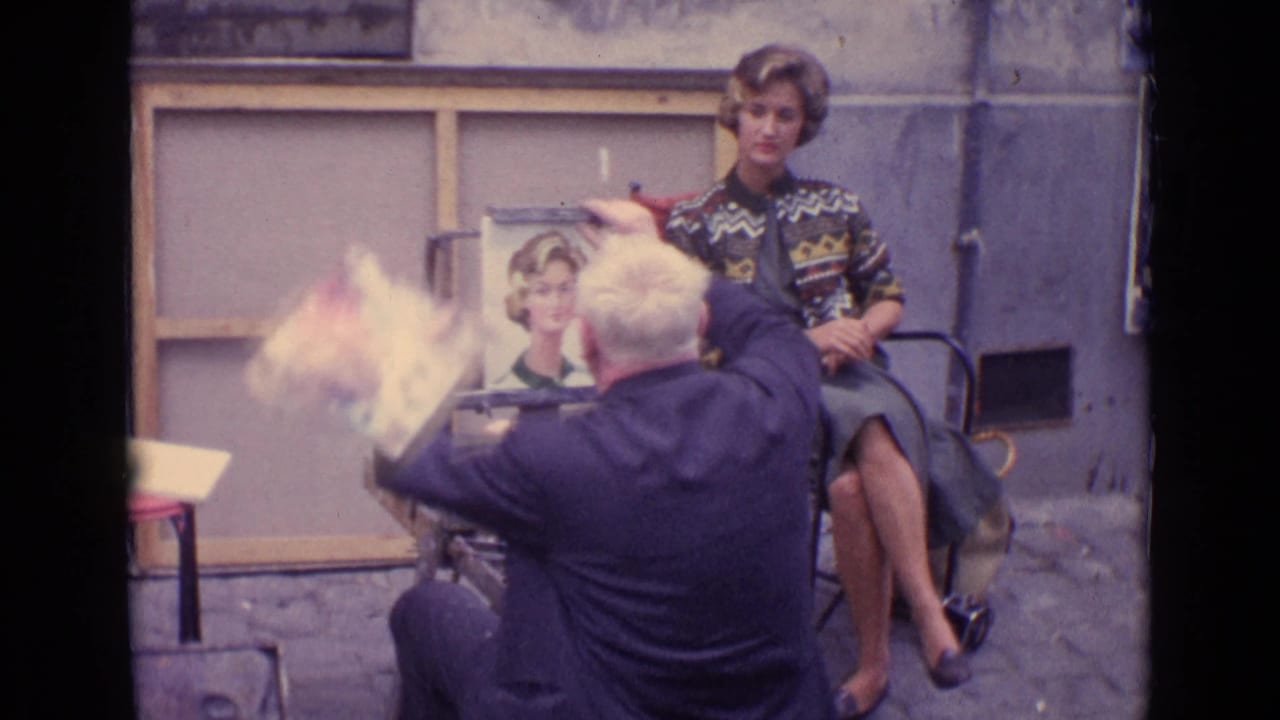 Street artist painting a seated woman's portrait while she poses beside an easel.