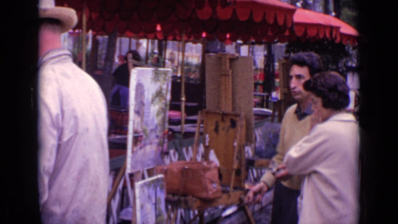 A 1962 Paris market view shows two adults beside an artist's easel, with red awnings, canvases, and outdoor seating in the background.