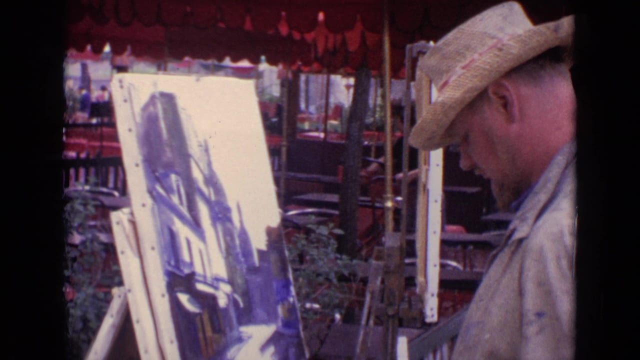 The 1962 Paris café scene shows the painter in profile, with his easel, red awning, and seating behind him.