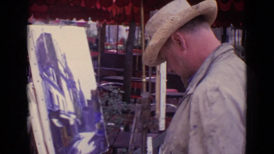 The final frame shows the 1962 Paris outdoor artist beside his canvas, with café chairs and awning details visible.