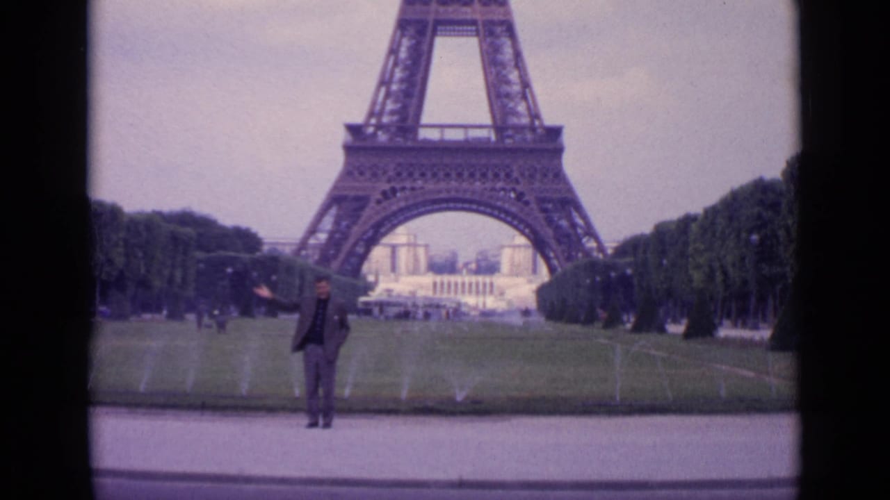 Man standing on a path in front of the Eiffel Tower with lawns and fountains nearby.