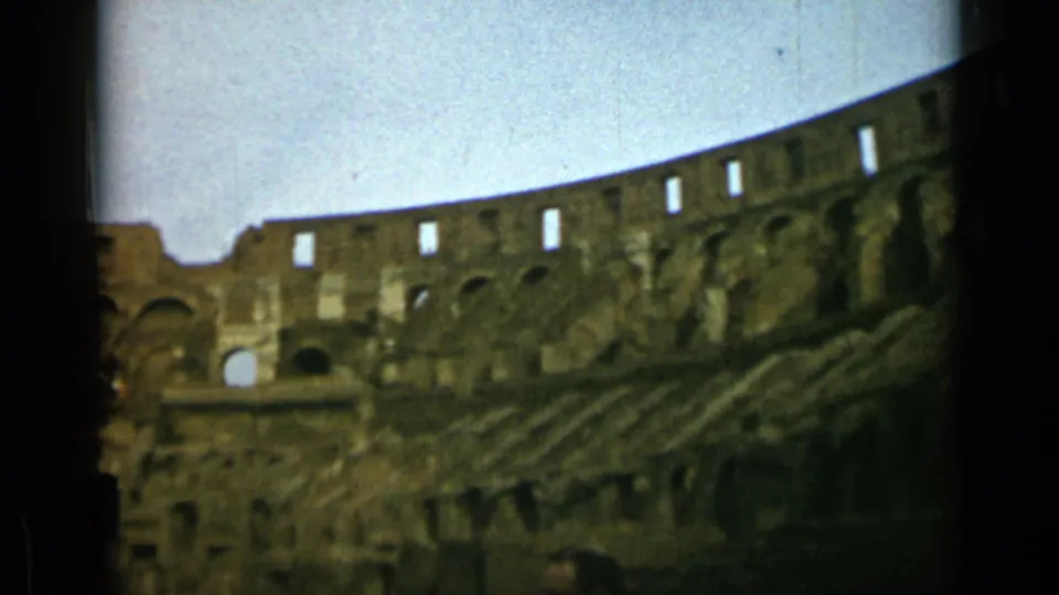 The final frame shows a wider 1962 Rome view of the Colosseum wall, with layered ruins beneath the upper arcade.