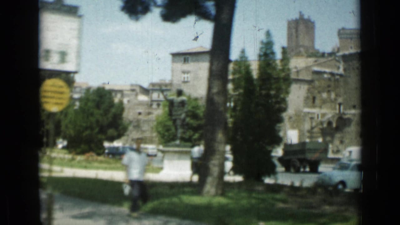 Park path with trees, distant buildings, cars, and an adult walking away.