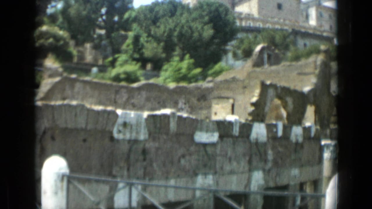 Ruins, railings, trees, and a partial view of a white monumental building.