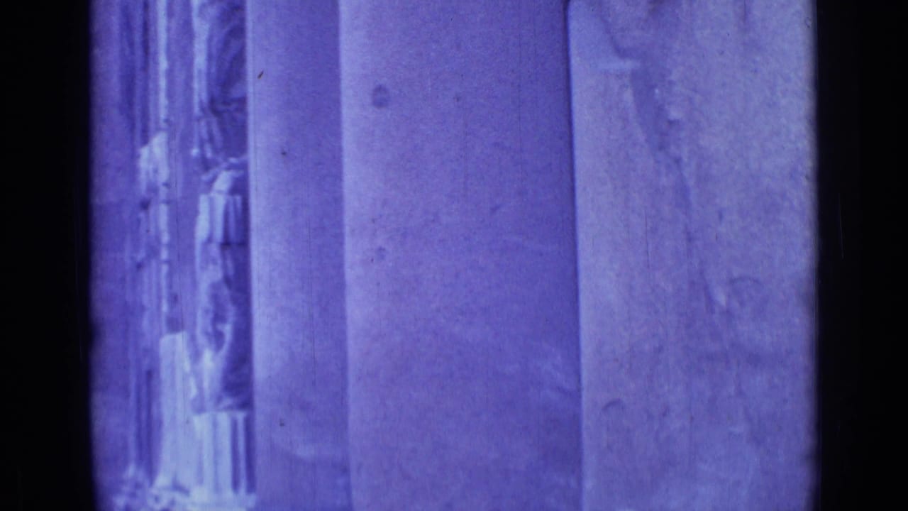 Close view of stone columns and carved entry detail in a purple-blue film frame.