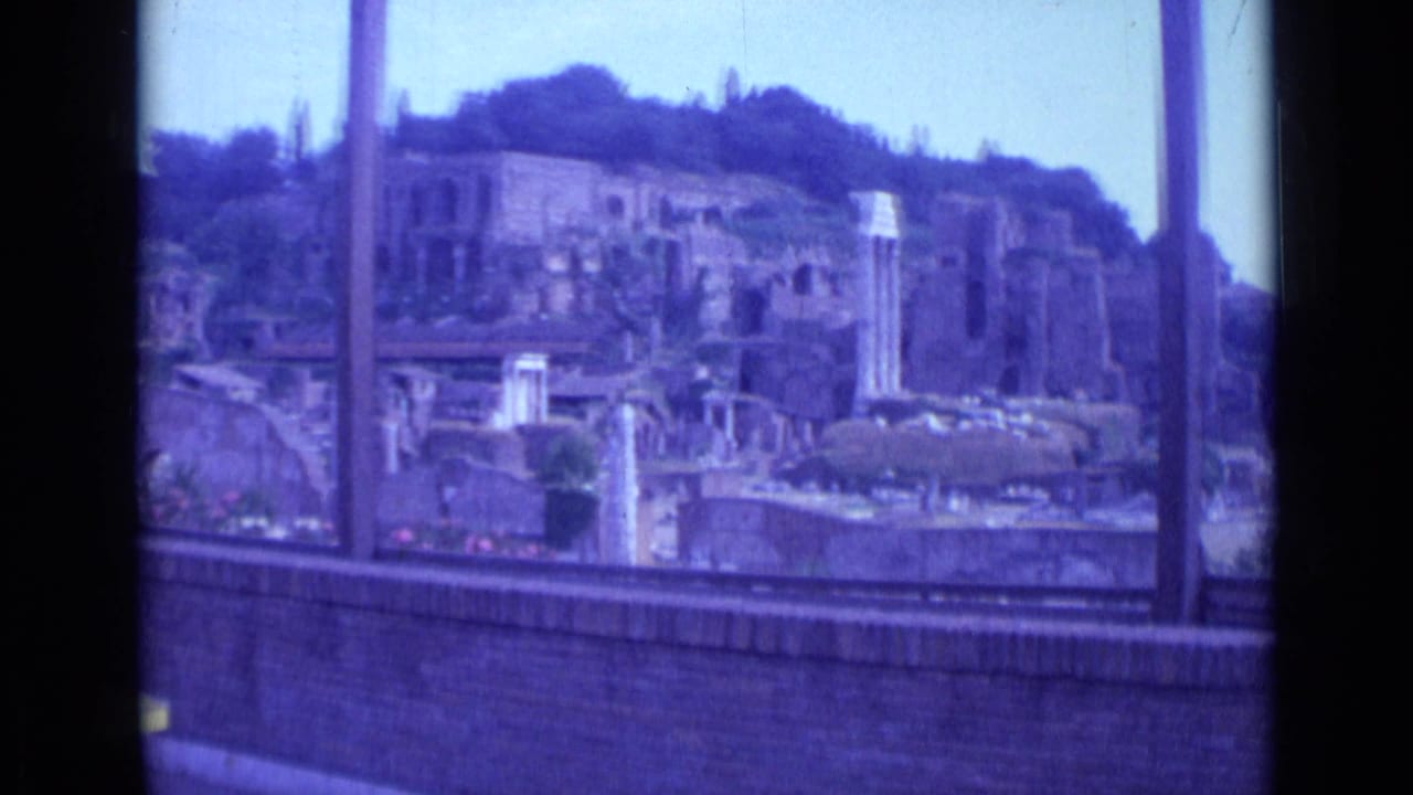 Roman ruins and columns seen through vertical window framing.