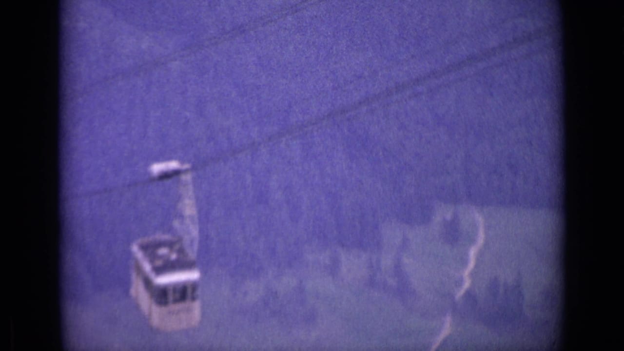 White cable car cabin descending along a cable above a wooded mountain slope.