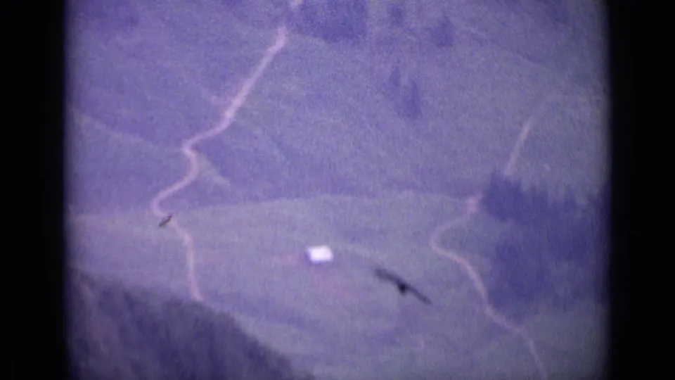 Swiss mountain landscape in 8mm color, with winding paths, grassy slopes, and a bird swooping across the lower view.