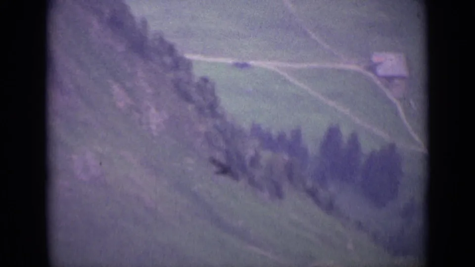 A soft, color-faded Swiss hillside view shows paths, trees, and a small structure near the right edge of the frame.
