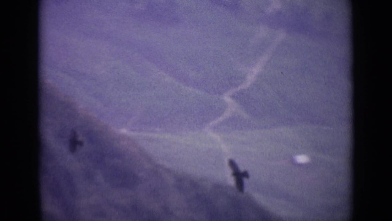 1962 Switzerland 8mm frame showing dark bird shapes or shadows against pale sky and distant alpine terrain.