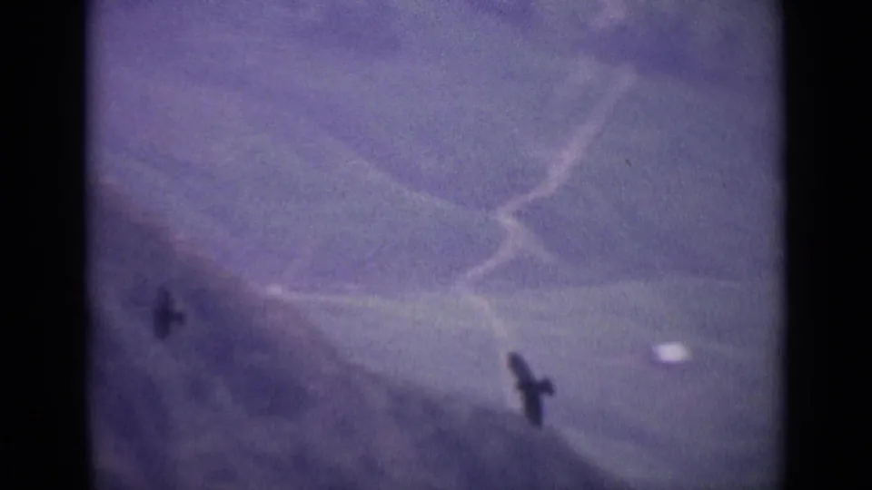 1962 Switzerland 8mm frame showing dark bird shapes or shadows against pale sky and distant alpine terrain.