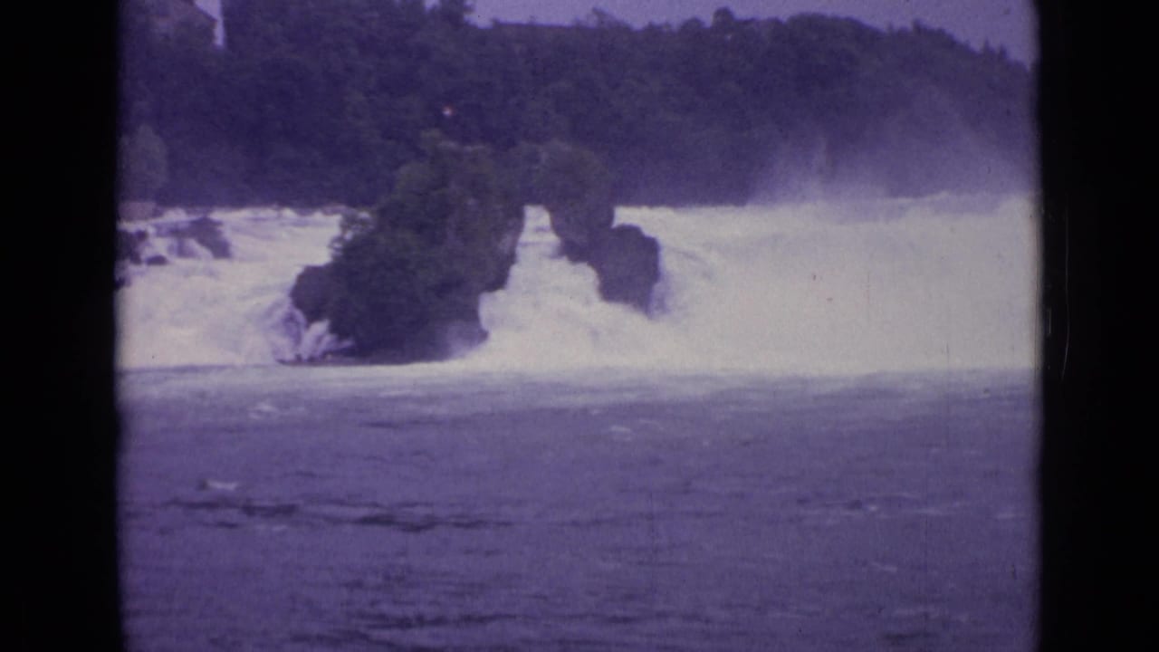 White rapids surge around a dark rocky outcrop below wooded banks.
