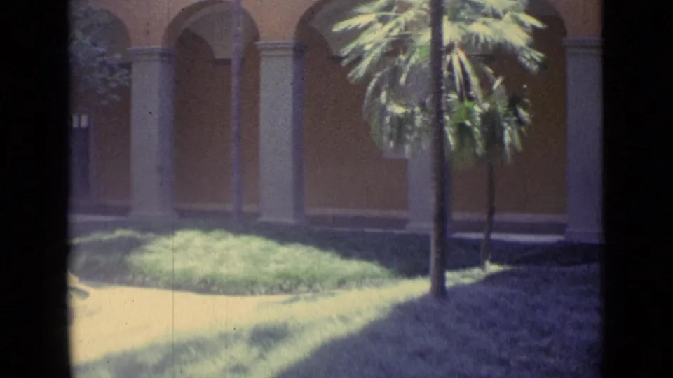 1962 Vatican City frame showing palm trees, arched building openings, and a bright planted area beside the street.
