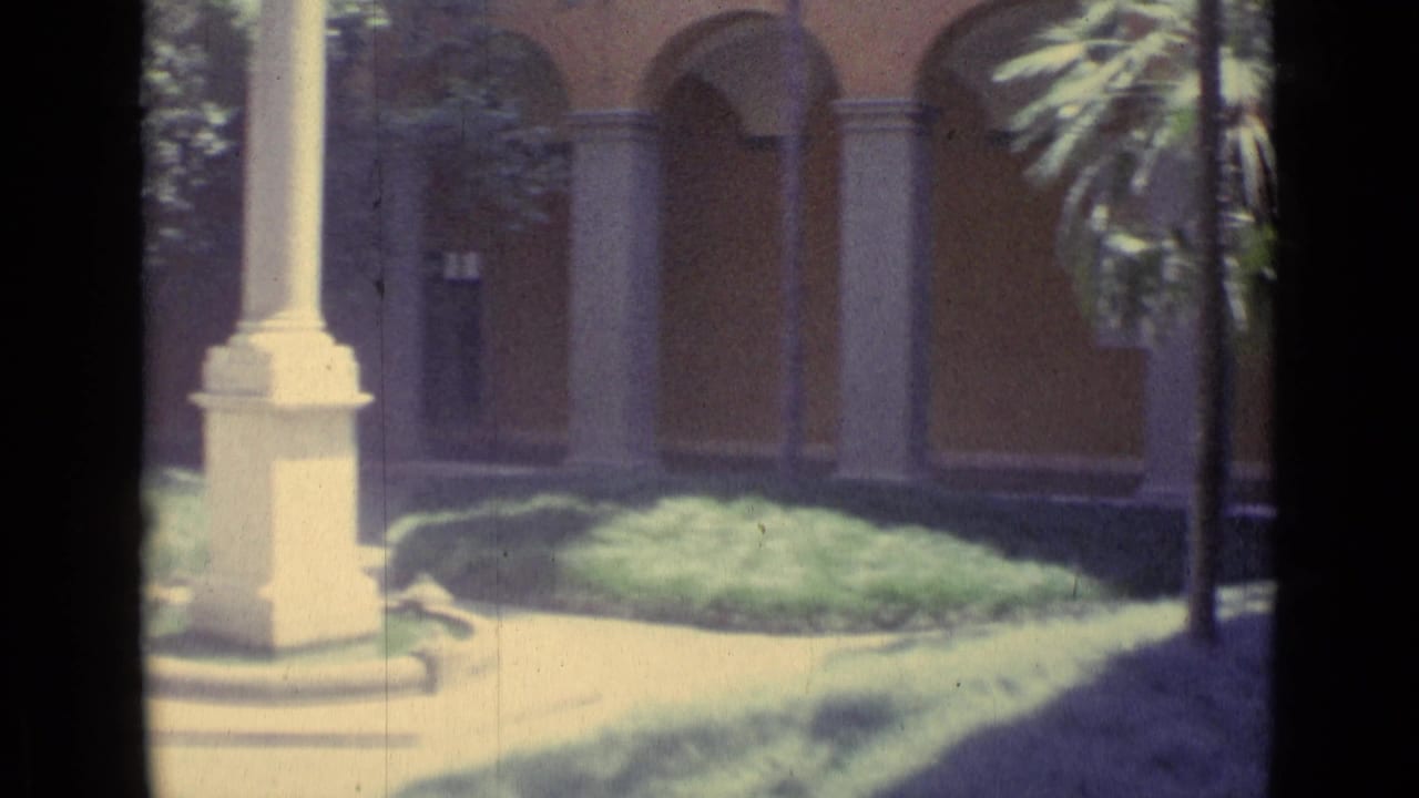 Sunlit courtyard with arched colonnade, lawn, palm tree, and white column base.