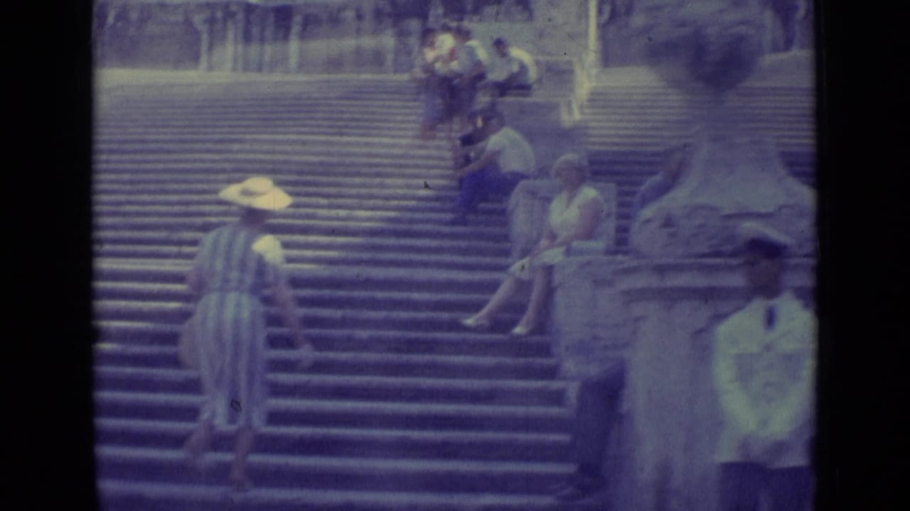 Tourists on a broad stone staircase with a woman in a wide-brimmed hat and seated visitors nearby.