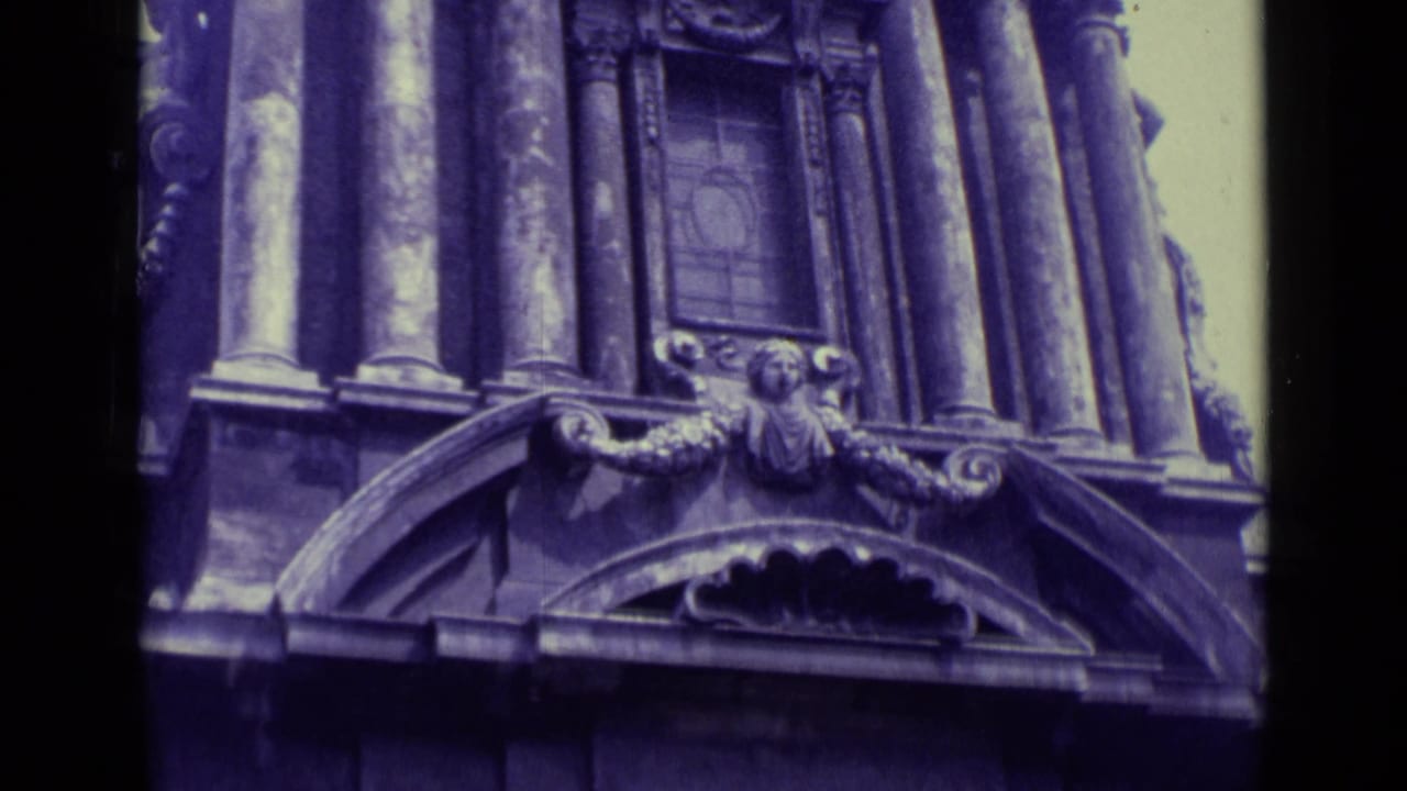 Purple-tinted 8mm view of ornate Vatican City architectural details, including columns, carved figures, and arched stonework.