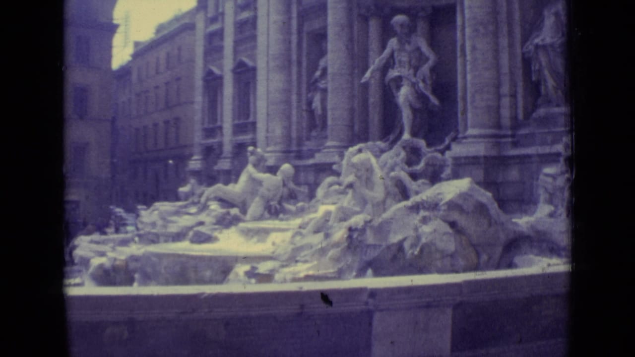 Trevi Fountain sculptures and surrounding buildings seen in a bluish 8mm frame.