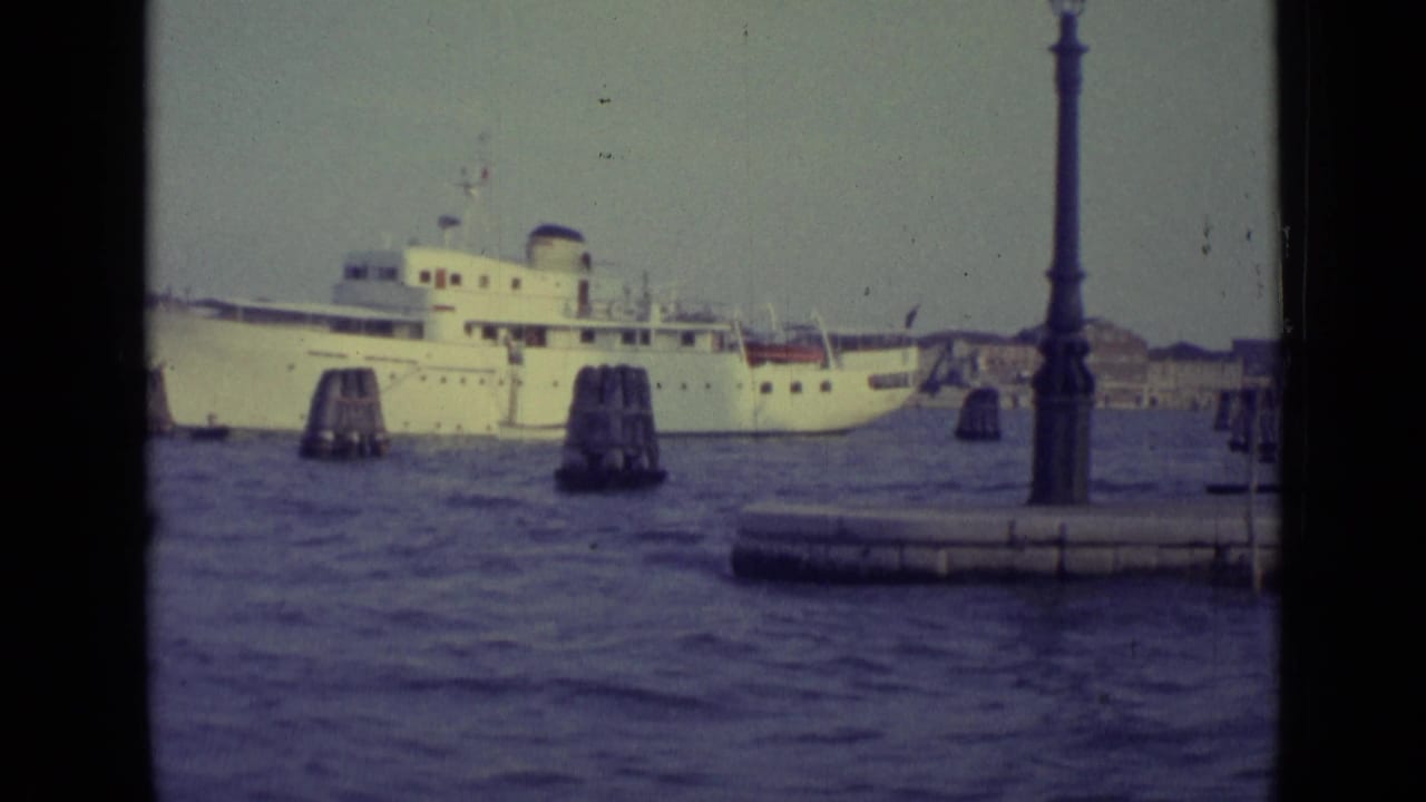 White passenger ship on the Venice lagoon with mooring posts and shoreline in the distance.