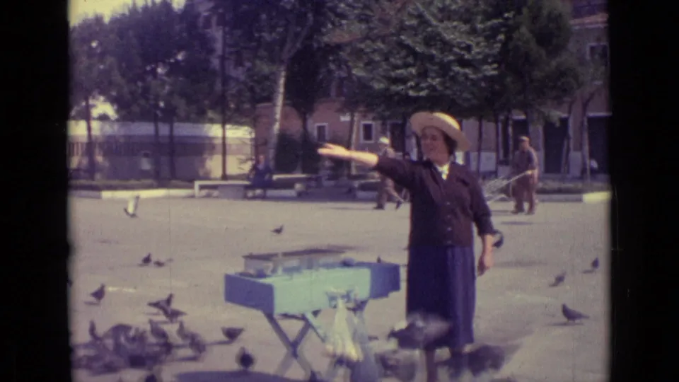1962 Venice home-movie frame with a woman gesturing as pigeons move around her near a blue table, trees, and background pedestrians.