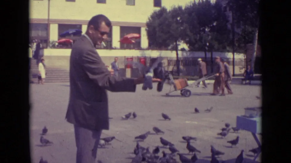 The man looks toward the camera during the 1962 Venice pigeon-feeding scene, with birds clustered across the square and a cart at right.